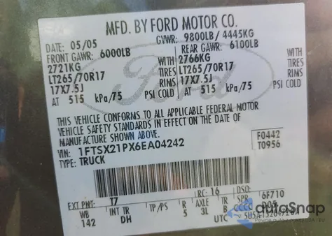 2006 Ford F250 Super Duty z USA, uszkodzony, nr VIN 1FTSX21PX6EA04242